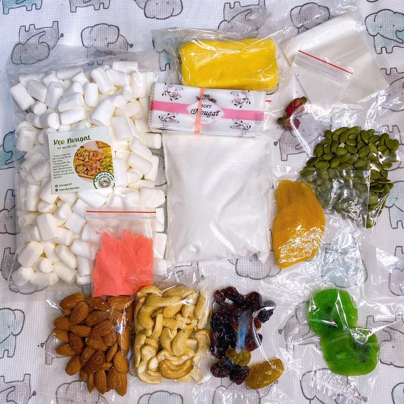 (1kg) Set nguyên liệu làm kẹo nougat 1kg (Kẹo hạnh phúc, làm được 85-100c) đã bao gồm giấy nến