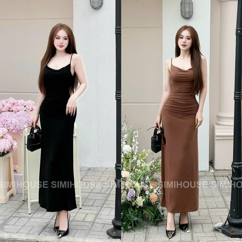 (SIMI HOUSE) VÁY BODY HAI DÂY LADONG NHÚN SƯỜN / Váy sang chảnh thiết kế 2s basic Dress 2025 1