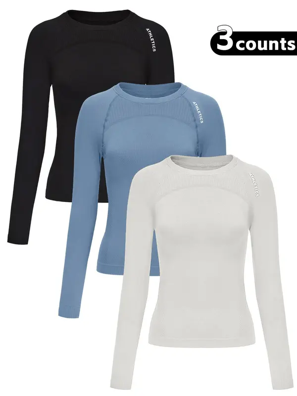 Women's Letter Print Baselayer Top, Long Sleeve Round Neck Compression Top for Yoga Gym Workout, Going Out Tops, Ladies Sportswear for Fall & Winter, Gym Wear, Workout Clothes Women, Athletic Style Activewear 3