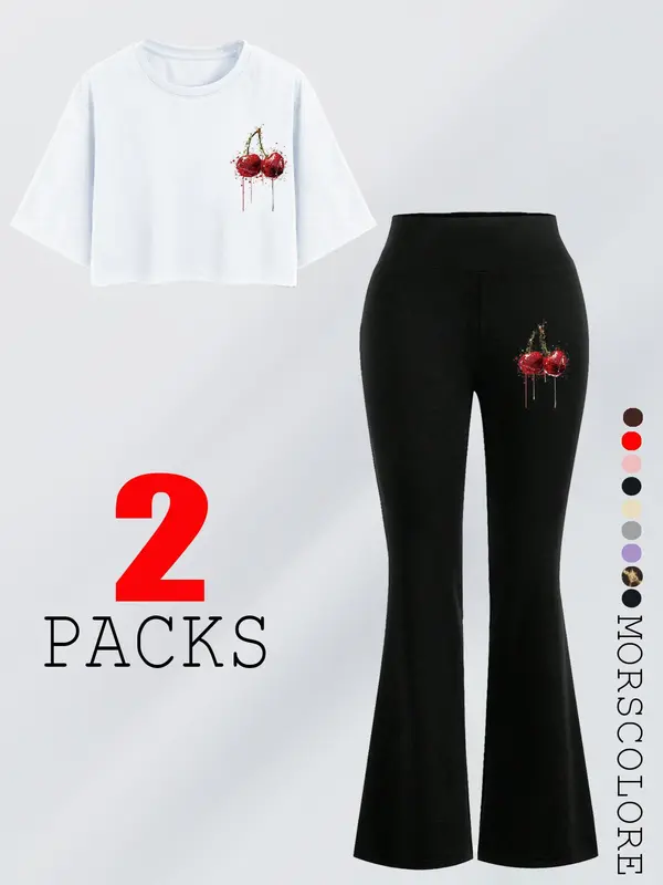 Women's Cherry Print Tee & Flare Leg Pants Two-Piece Set, Casual Fashion Cozy Round Neck T-shirt & Trousers for Daily Outdoor Wear, Ladies Clothes for All Seasons 4