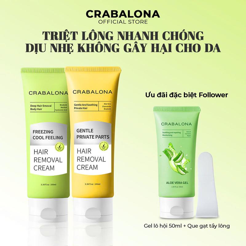 [CRABALONA] Kem Tẩy Lông Dịu Nhẹ, Mát Lạnh, Cấp Ẩm Tẩy Lông Chuyên Sâu - Tuýp 100ml + Gel Lô Hội 50ml
