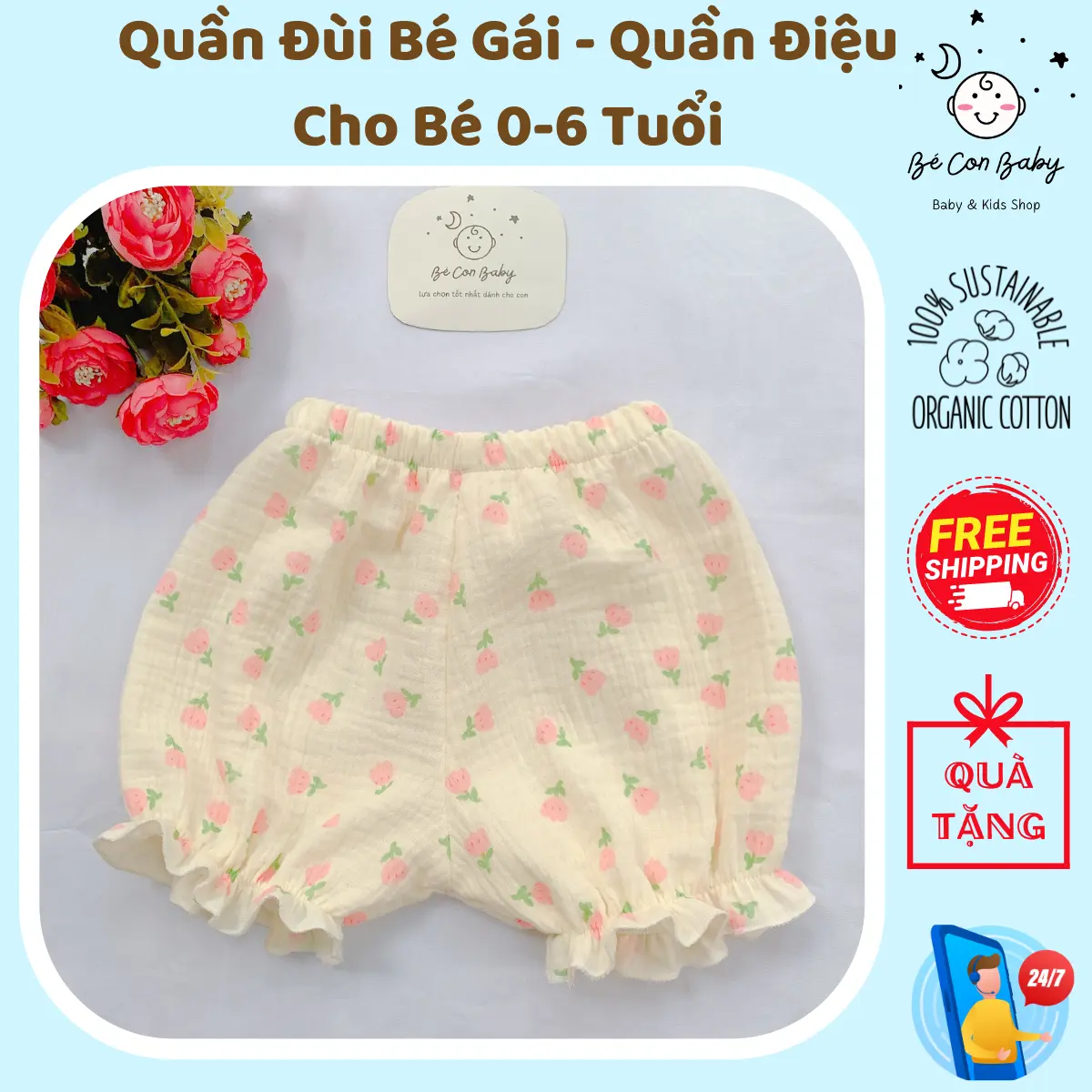 Combo Quần Đùi Gấu Bèo Xinh Xắn Cho Bé Gái, Quần Điệu Quần Bí Ngô Vải Xô Muslin - Bé Con Baby - Heo