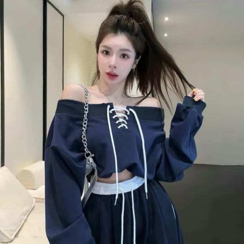 Áo nỉ sweater trễ vai đan dây phong cách hàn quốc Nữ Kem Hoodie