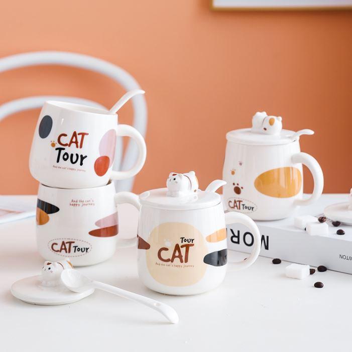  Cốc sứ có nắp đậy hình mèo CatTour dễ thương 400ml ly sứ uống nước phù hợp quà tặng decor 