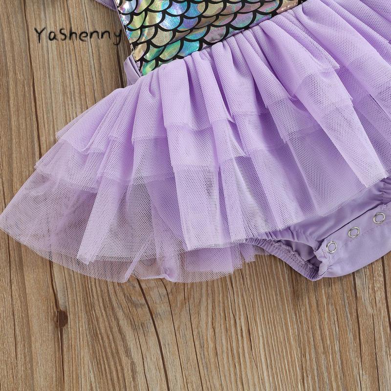 Product Introduction of Infant Baby Girls Romper Dress Fly Sleeve Mermaid Scale Print Tulle Splicing Tutu Bodysuit Summer One-Piece Clothes 33