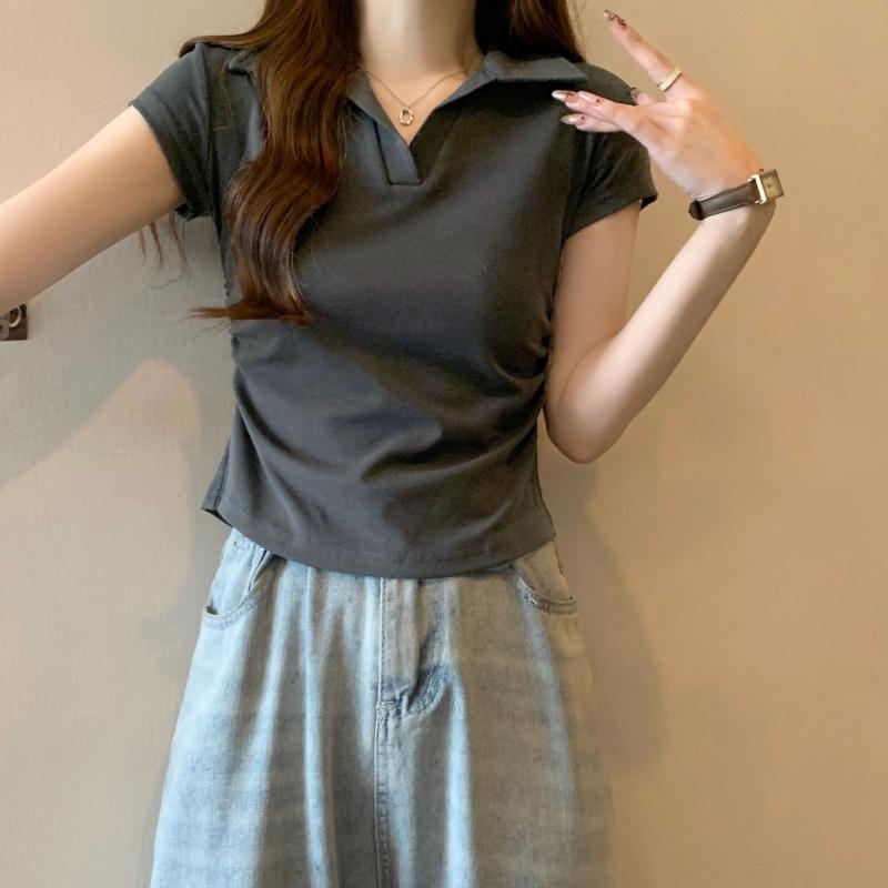 Product Introduction of 106 # Real Shot Real Price 40s Pure Cotton 210g (92% Cotton/8% Spandex) Polo Collar Waist-Cinching Short Sleeve T-Shirt for Women Top Womenswear 27