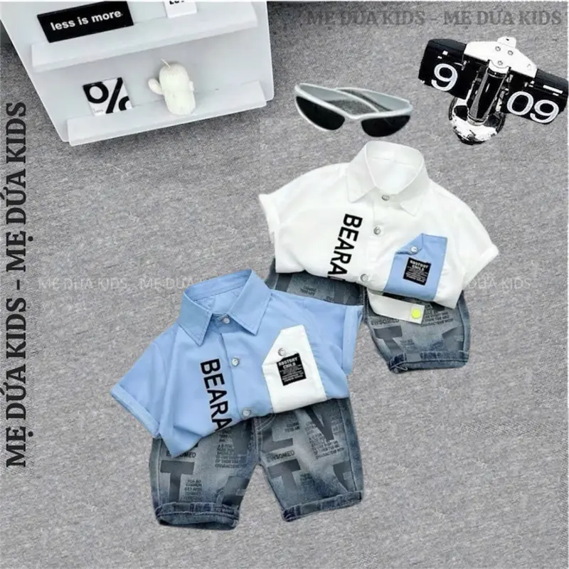 [2 Bộ TẶNG MŨ 45K] Bộ sơ mi BEAR cho bé 8-26kg áo sơ mi chất thô lụa kèm quần jean mềm cho bé đi học đi chơi Quần Bò 4