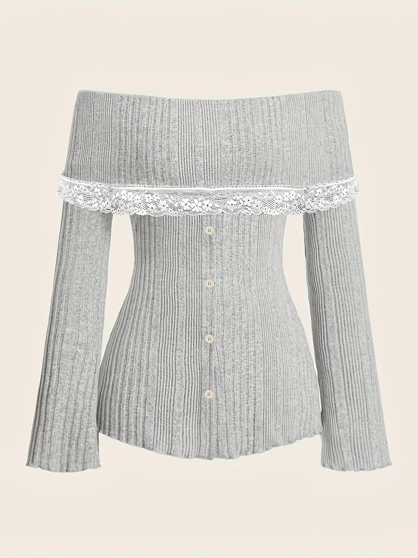 Women's Off The Shoulder Contrast Lace Flounce Sleeve Ribbed Tee, Casual Long Sleeve Button Front T-shirt for Daily Wear, Ladies Clothes for All Seasons