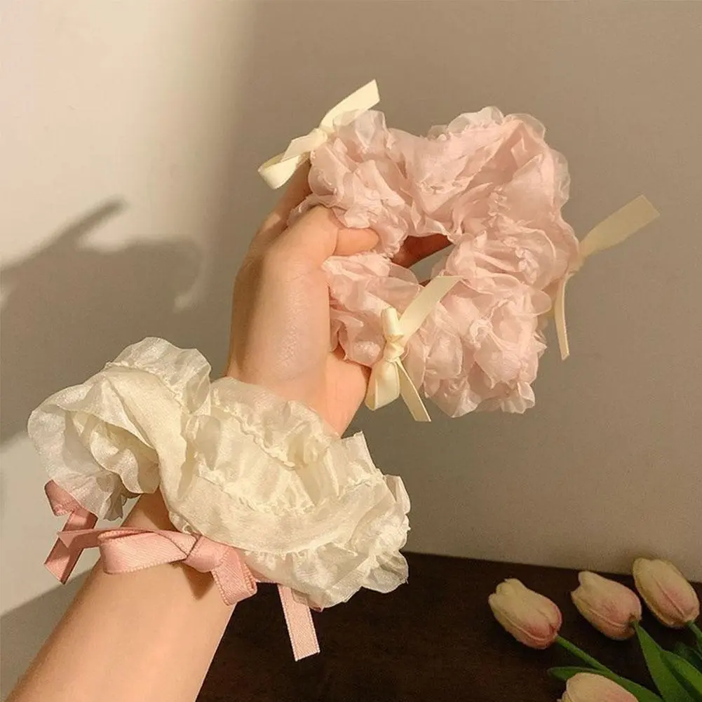 Dây Buộc Tóc Ren Vải Tuyn Nơ Trơn Thiết Kế Thanh Lịch, Dành Cho Nữ, Màu Trắng / Hồng
