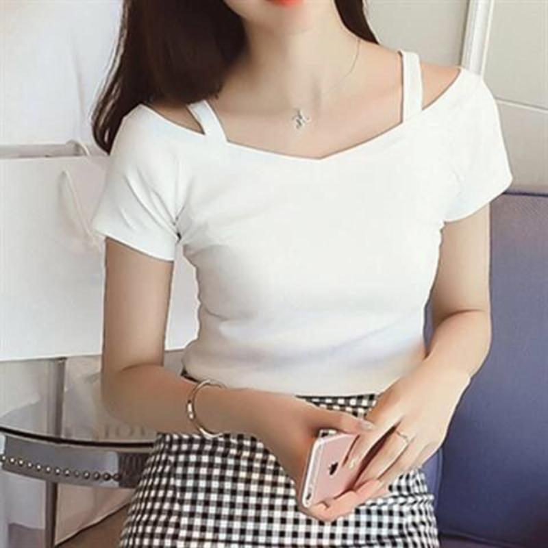 Áo Thun Ngắn Tay Đeo Một Bên Vai, Thời Trang, Thích Hợp Cho Mùa Hè, Thiết Kế Trễ Vai Gợi Cảm Lớp Cơ Sở, Bó Sát Và Ôm Sát, Thích Hợp Cho Thiết Kế Độc Đáo 2