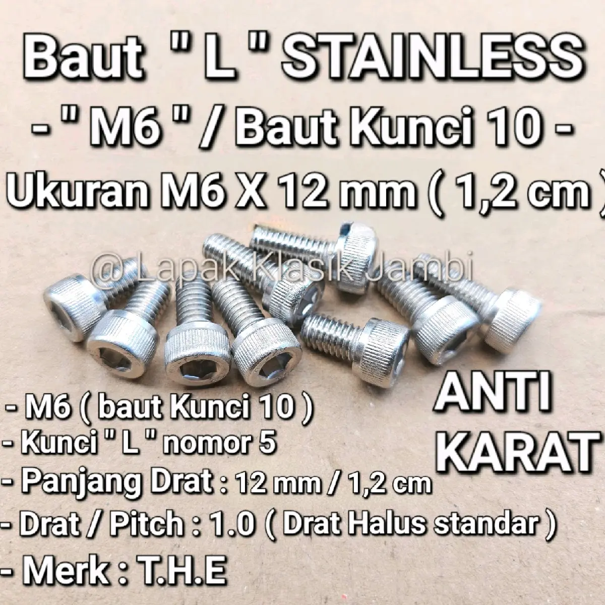 Baut L Stainless M6 x 12 ( 1,2 cm ) Baut Kunci 10 Stainless 304 THE A2-70