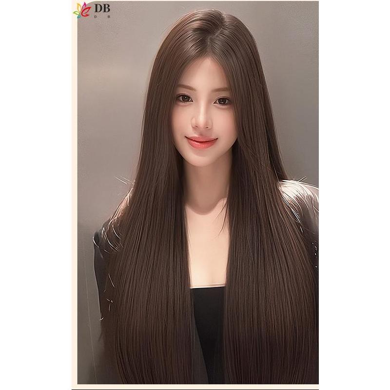 Wig renda dahi untuk wanita dengan rambut lurus panjang gaya rambut kepala penuh belahan tengah alami set wig kepala penuh lurus panjang hitam 2