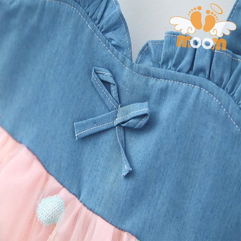 Đầm bé gái áo 2 dây denim váy voan thêu hoa có lót kèm nón 2