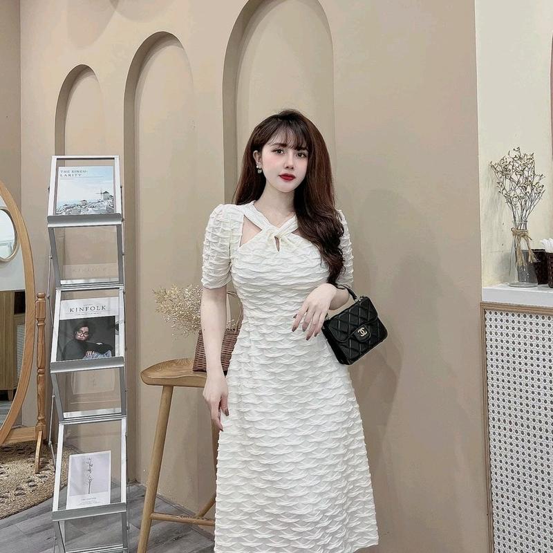  Váy cổ yếm cách tân dài xoè A chất thun sóng co giãn 4 chiều. Váy cộc tay xoè Nữ đẹp vá y 