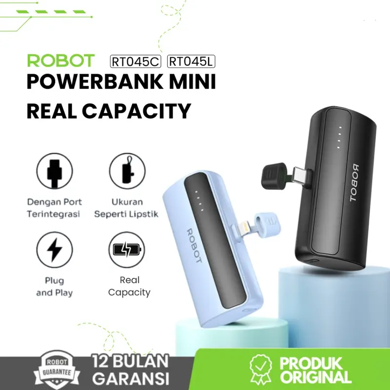 ROBOT RT045L / RT045C Powerbank Mini Real Capacity 4500mah Port Lightning & Type-C  Smart Power bank Built-in Cable - Garansi Resmi 1 Tahun 0