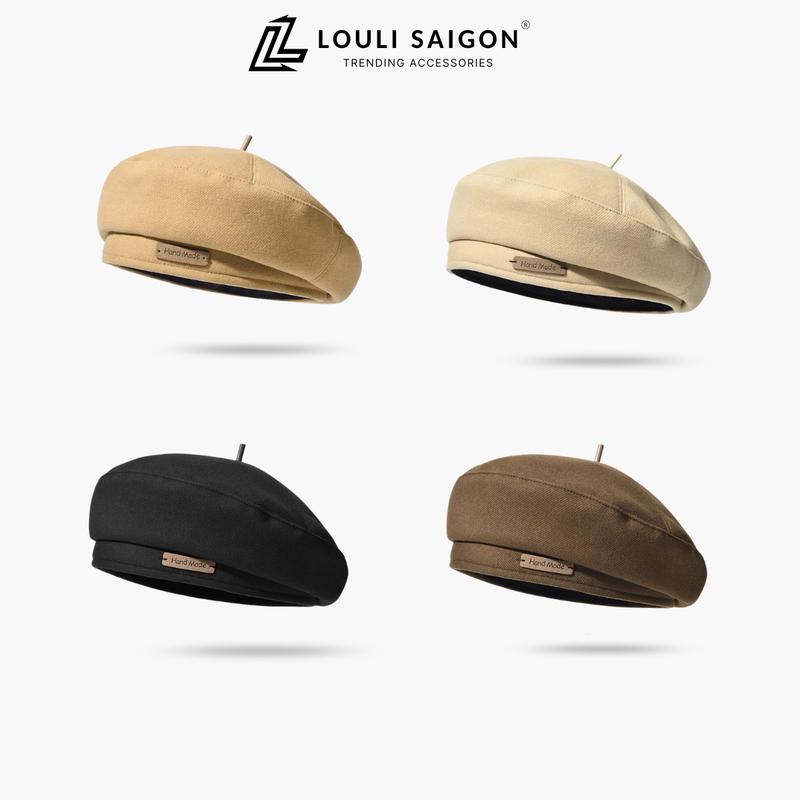 Mũ nồi unisex LOULI SAIGON phối tag da Hand Made, mũ beret nữ  thời trang thu đông Hàn Quốc BR04