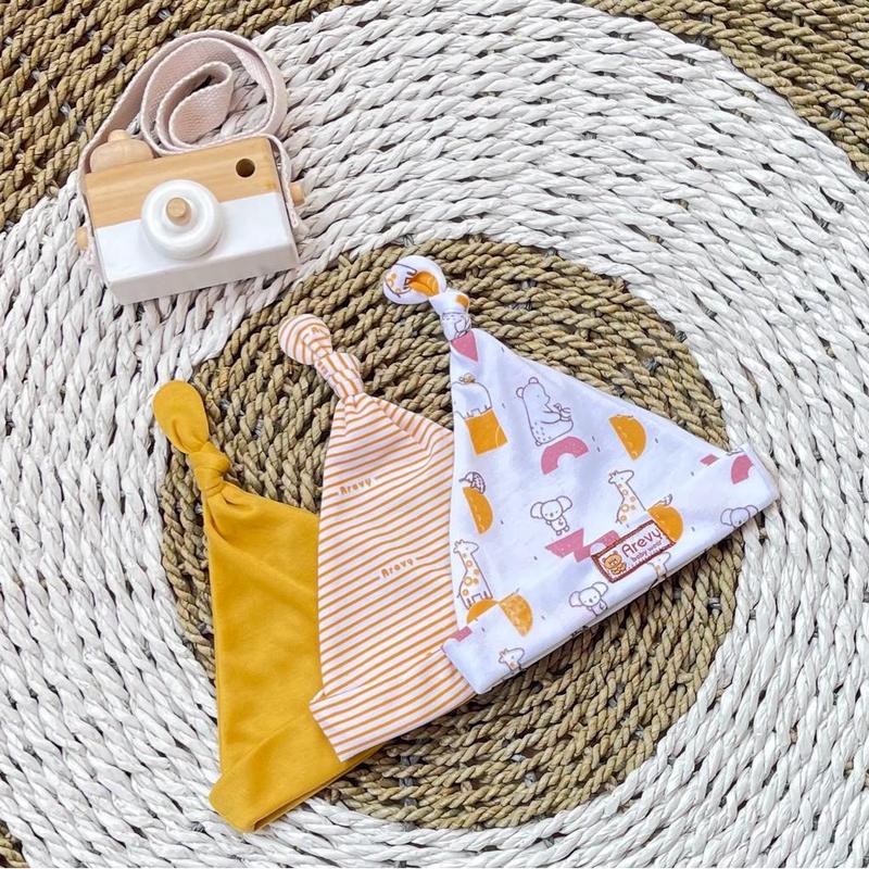 Topi Kuncung Bayi Arevy Babywear Isi 3 Pcs Seri Mustard Perlengkapan Bayi Newborn Topi Kupluk Motif Unisex 0-6 Bulan 4