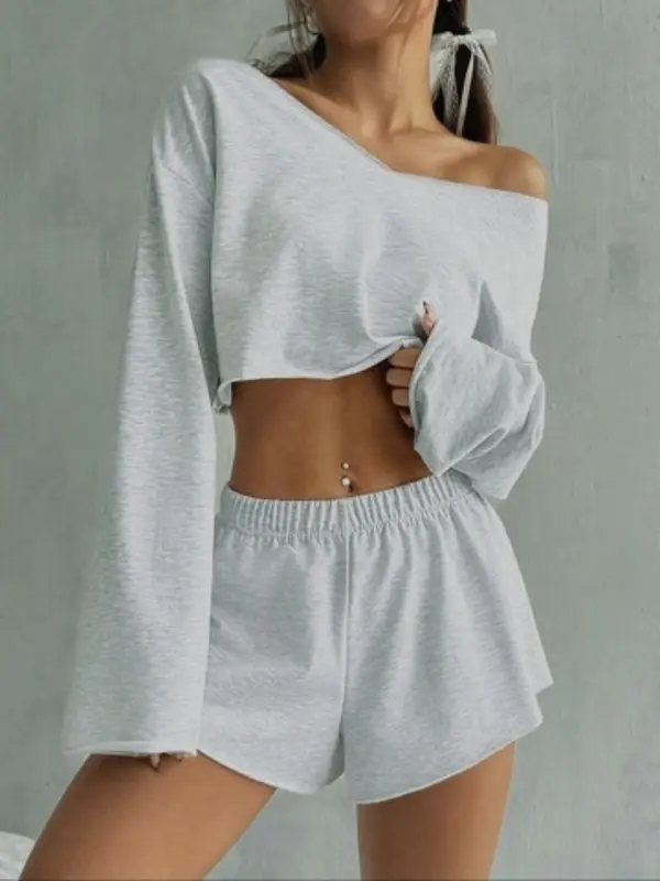 Women's Solid Crop Top & Shorts Two-piece Set, Casual Fashion Cozy V Neck Long Sleeve Top & Shorts for Daily Outdoor Wear, Ladies Two-piece Outfits for All Seasons 2