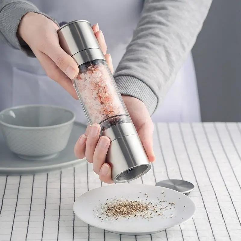 Stainless Steel Double-headed Pepper Grinder, Adjustable Durable Manual Grinding Bottle, Seasoning Grinding for Restaurant Kitchen, Seasoning Utensils 0