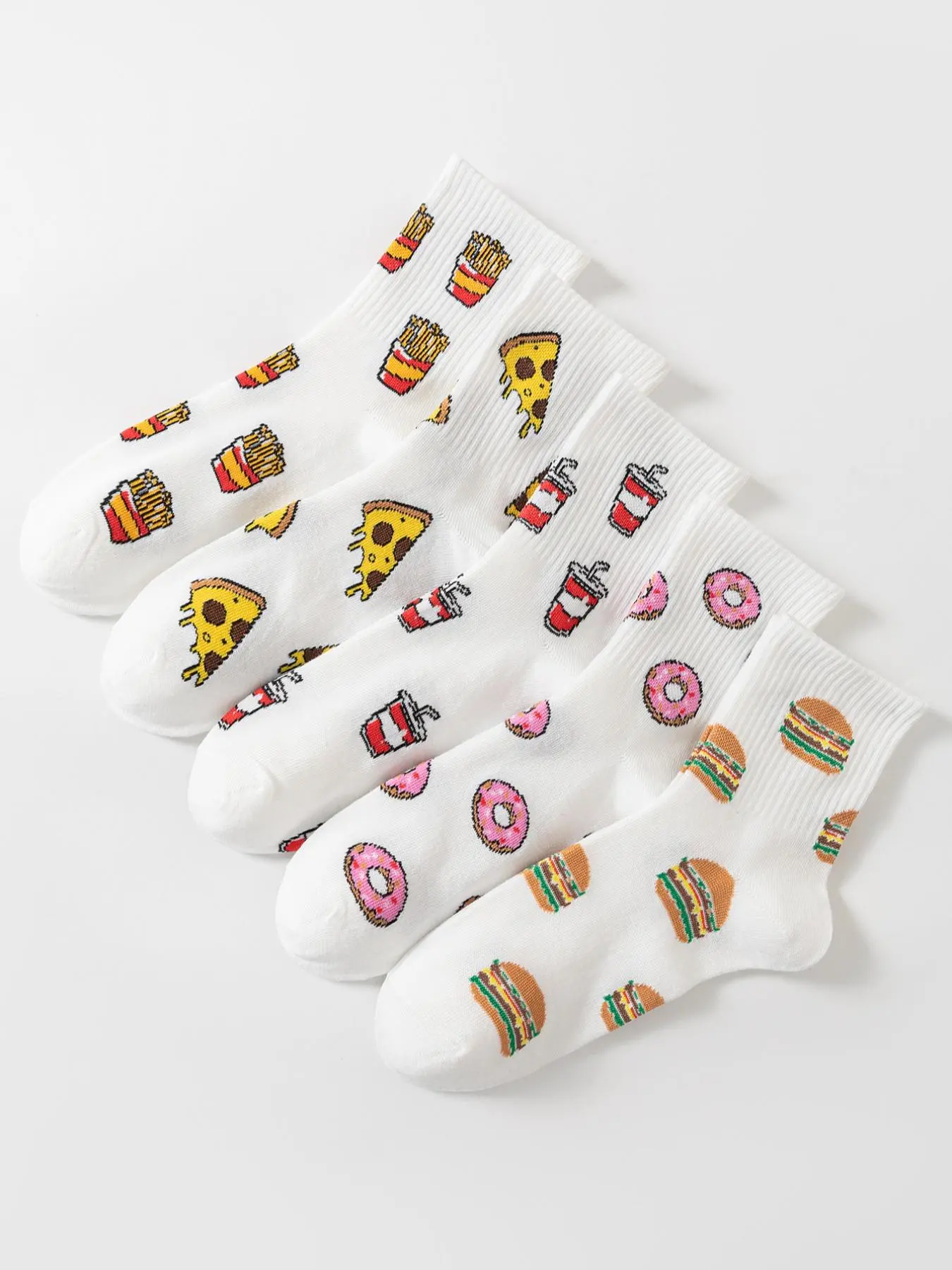 Women's 5 Pairs Cartoon Food Print Crew Socks, Soft Cozy Moisture Wicking Socks, 2024 Trendy Matching Seamless Socks for Fall & Winter, Cute Socks for Women Girls, Autumn Wear, Socks for Women