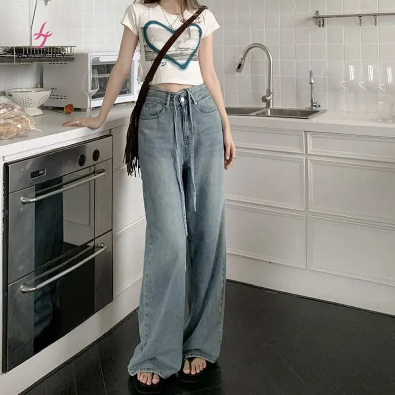 Seluar Jeans Kaki Lebar Lurus Pinggang Tinggi, Sis Qn, Gaya Baru Musim Luruh, Langsir Langsing, Tali Serut, Untuk Wanita