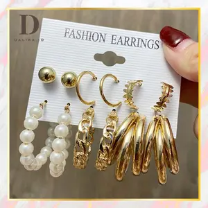 Anting Set Mutiara Tusuk 6 Set Korea Hoop untuk Wanita Gold