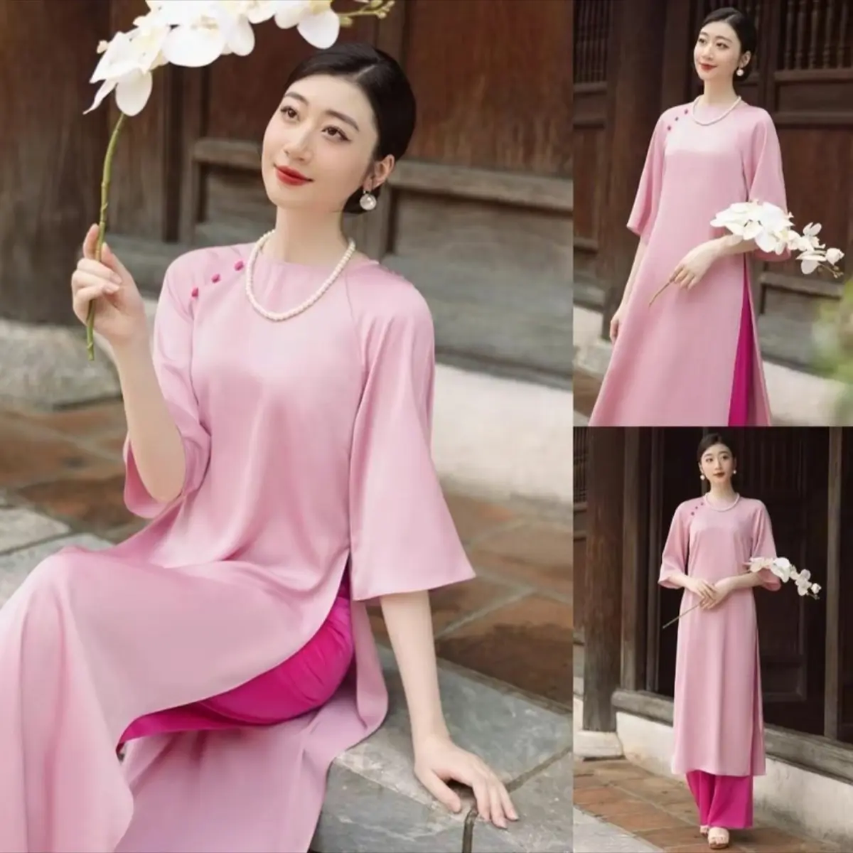 Áo dài dáng xuông chất liệu lụa ngọc trai