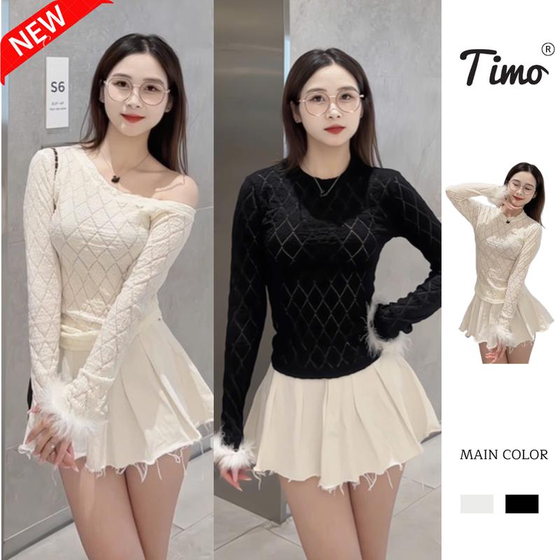 [DEAL HỜI GIÁ TỐT] Áo thun nữ, Áo thun nữ 2 kiểu cổ tròn hoặc lệch vai "nên mặc kèm áo ống" tay phối lông cách điệu chất thun xốp mềm mịn co dãn hot trend AOT195