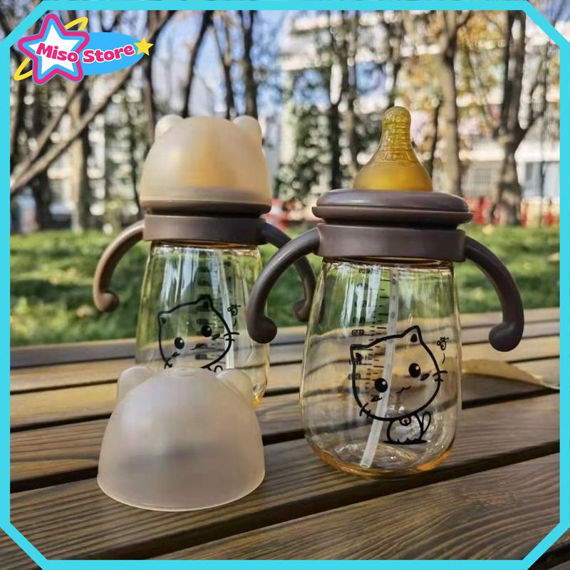 Bình Sữa Cổ Rộng Hình Mèo Cho Bé Nhựa PPSU Chống Sặc An Toàn Kèm Tay Cầm Tiện Lợi Dung Tích Từ 240ml - 300ml