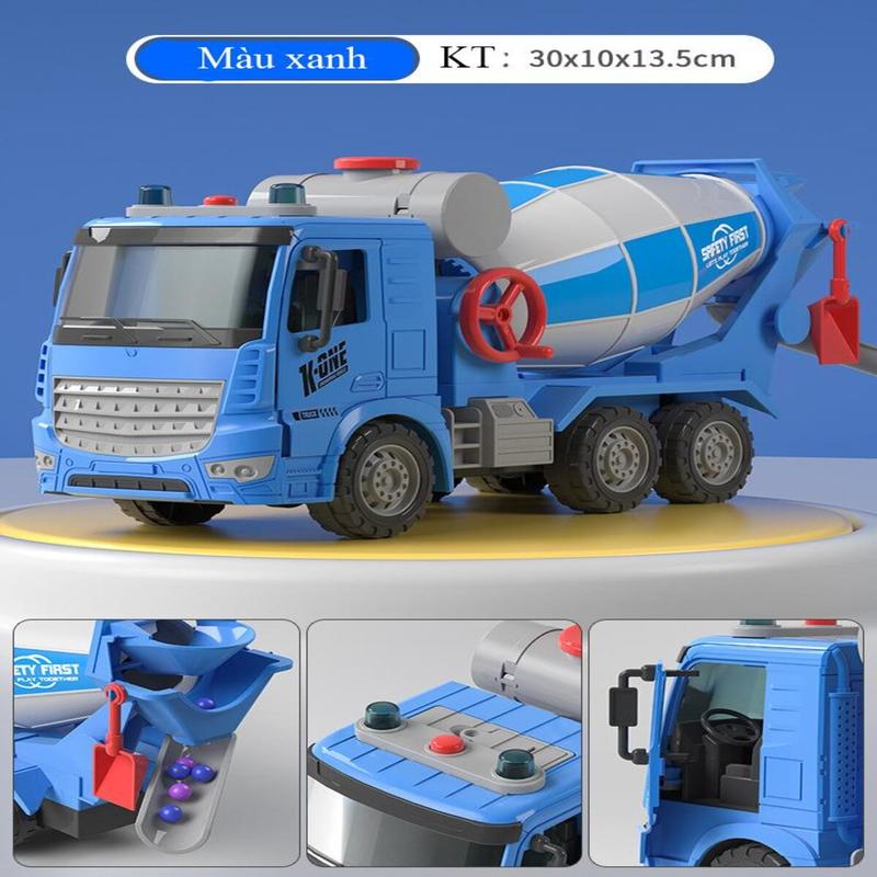 Đồ chơi xe trộn bê tông có nhạc và đèn, quay được vòng kèm hạt đậu, 2 hình người, thùng rác Toy Pin