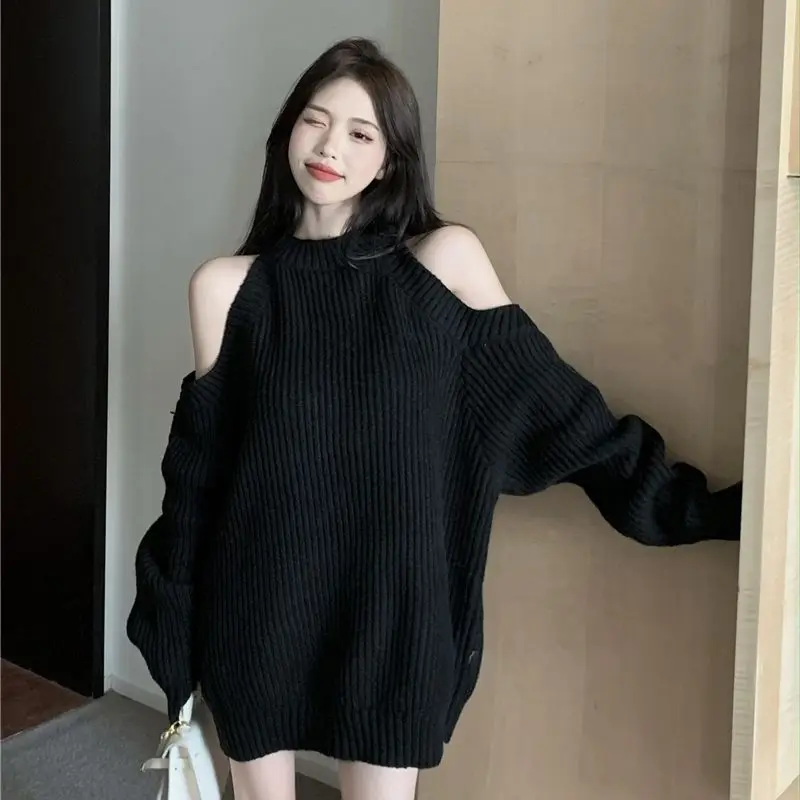 Áo Len Trễ Vai Dệt Kim, Dáng Rộng Vừa Vặn, Cổ Tròn, Thiết Kế Đẹp