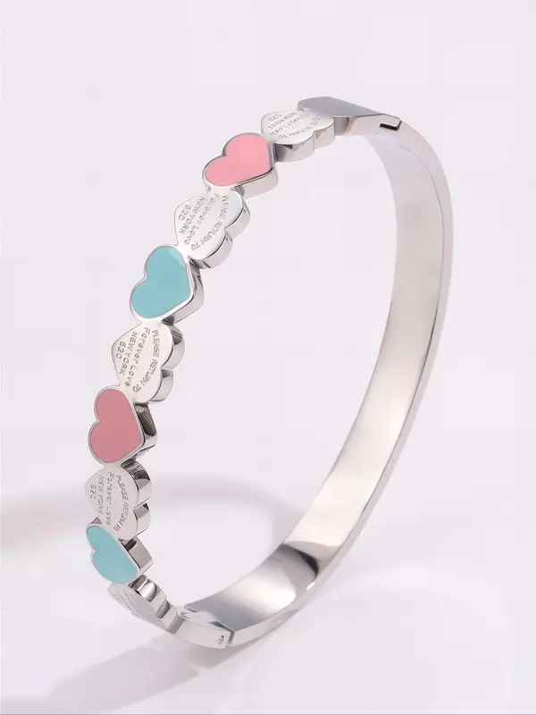 Stainless Steel Heart Decor Bangle, Fashionable Jewelry for Women & Girls, Trendy All-match & Exquisite Jewelry for Birthday Gift 7