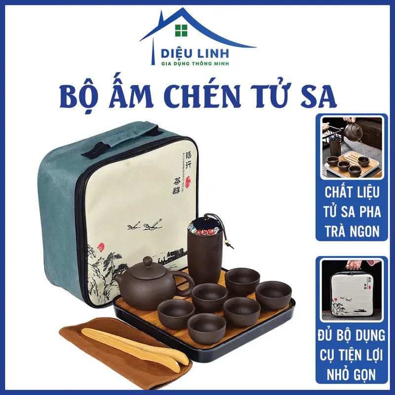 Bộ Ấm Pha Trà Gốm Sứ Tử Sa 6 Chén, 10 Món, Tráng Men Kèm Túi Đựng Xách Tay Dùng Làm Quà Tặng Dieulinhshop 0