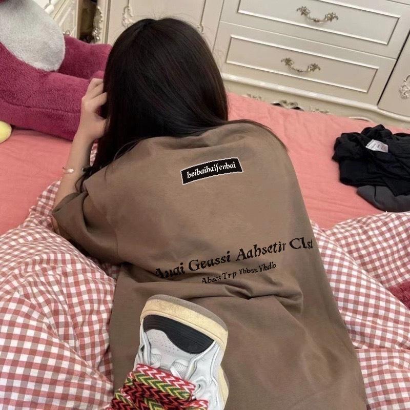  Áo thun phông logo tay nam nữ PINK tay lỡ form rộng GEASSI Unisex Top Women Cổ Tròn Cotton Trắng Nâu Nâu 