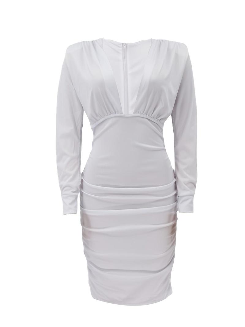 Product Introduction of Women's Plain Ruched Deep V Neck Bodycon Dress, Casual Bishop Sleeve Zipper Back Midi Dress for Fall, Women's Clothing for Daily Wear 15