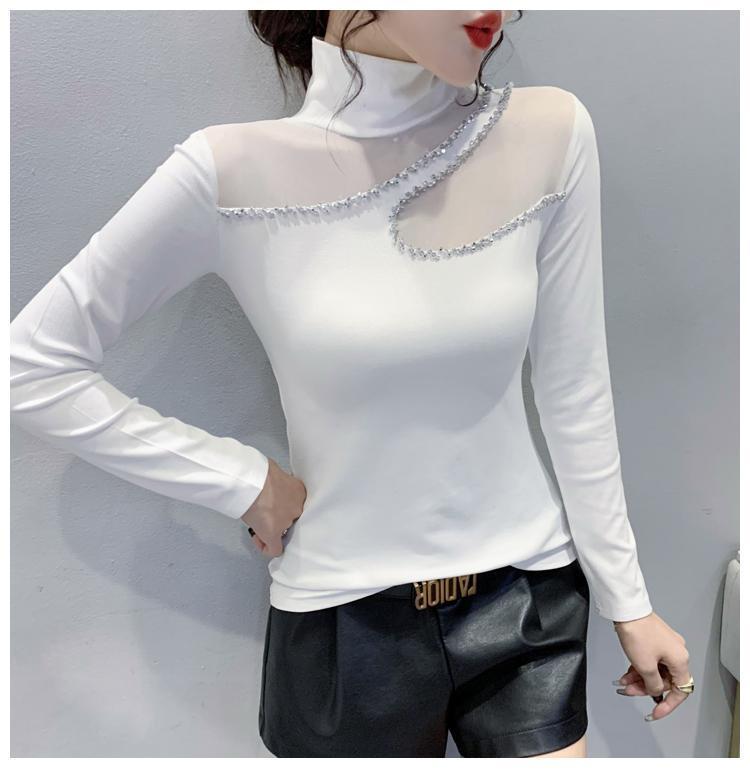 Product Introduction of Áo Mỏng Cho Nữ, Cổ Lọ European Station, Khâu Lưới, Thiết Kế khoét Dài Tay, Dáng Ôm, Hàng Mới Về Năm 2024, Thích Hợp Cho Mùa Thu Và Mùa Đông, Có Dát Kim Cương Top Women Sơ Mi Shirt 16