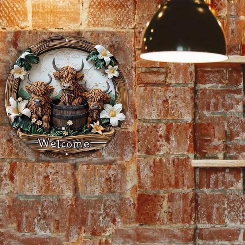 Product Introduction of Highland Cow & Flower Pattern Welcome Sign, 8x8inch Aluminum Sign, UV & Scratch Resistant Hanging Decoration for Indoor & Outdoor 4