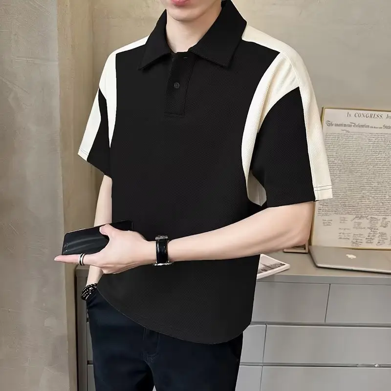 Áo Polo, Phong Cách Thường Ngày Khâu Màu Tương Phản, Dành Cho Nam Giới, Hàng Mới Về Mùa Hè, Phong Cách Hàn Quốc, Dáng Rộng Vừa Vặn, Ve Áo Thường Ngày Áo ngắn Tay Áo polo  local áo  vô tri ❤❥♥❣ 092-đen❣♥❥❤ cá tính áo  polo Menswear Shirt Có Cổ