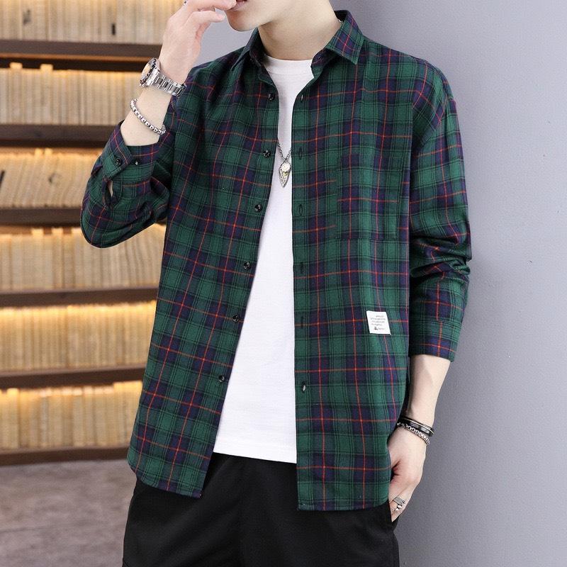 Áo Sơ Mi Nam Dài Tay Caro Xanh Lá Dạng Khoác Ngoài Thời Trang Hàn Quốc Chất Liệu Nỉ Menswear Shirt Có Cổ