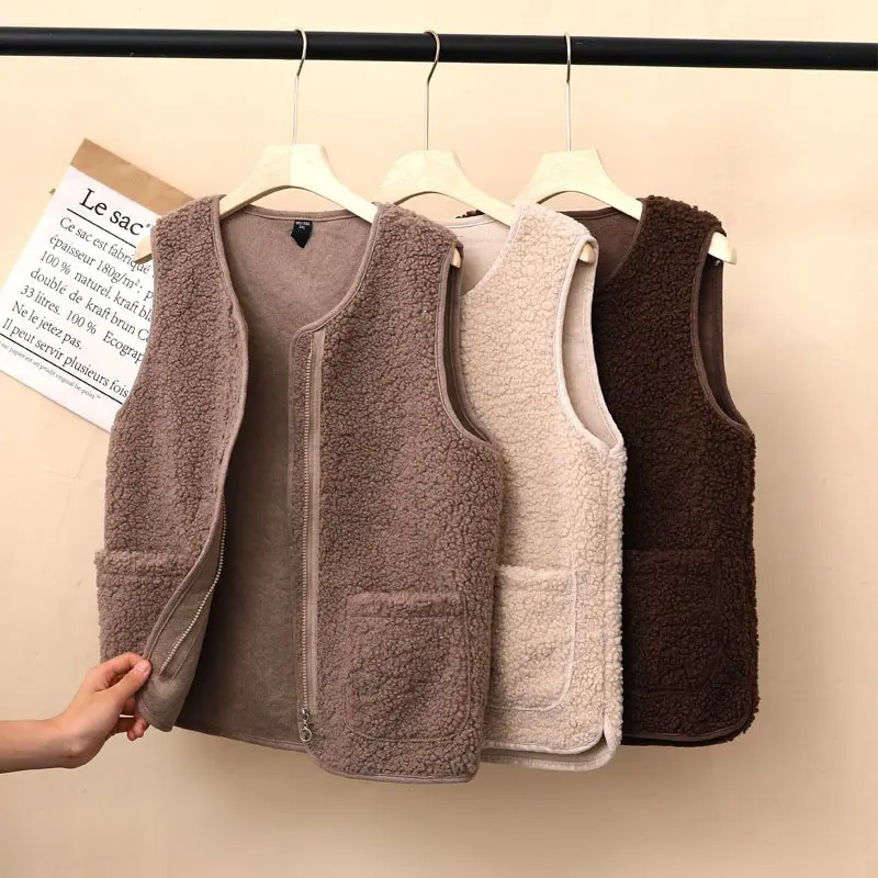Áo Vest Len Cừu, Dành Cho Nữ, Có Thể Mặc Ngoài Trời, Mùa Thu Và Mùa Đông, Dày Dặn Và Đơn Giản, Nhiệt, Hàng Mới Về, Dễ Phối Đồ, Áo Vest Có Khóa Kéo Một Mảnh, Áo Ghi Lê Top Women 0