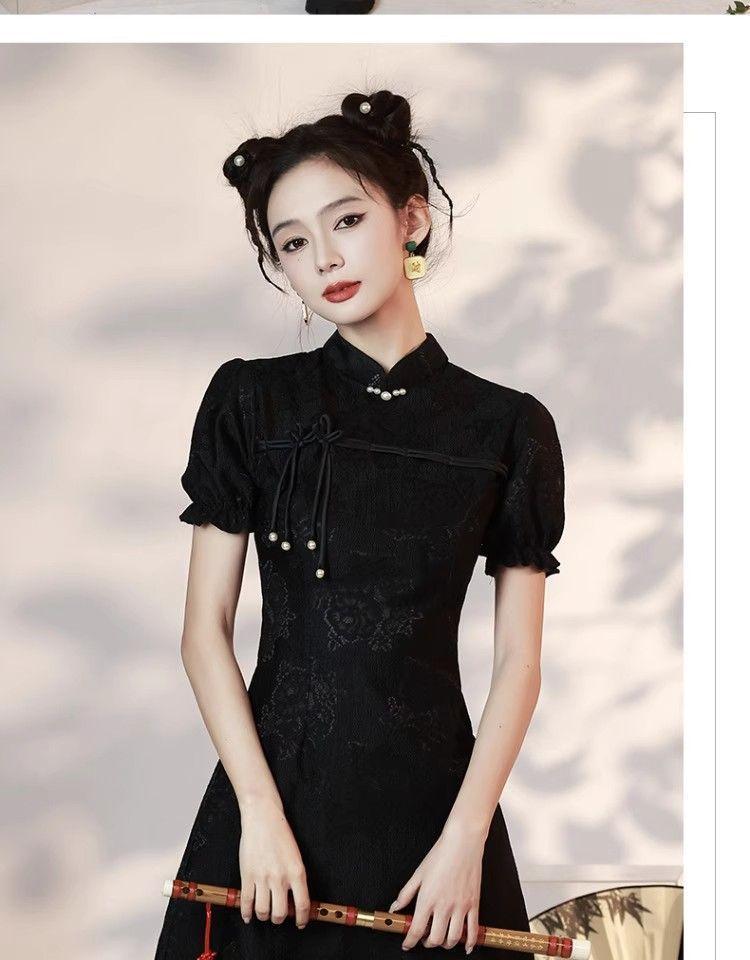 Product Introduction of Black Cheongsam New Summer Improvement Young New Chinese Style Small Girl Dress Lace Short Casual Womenswear 11