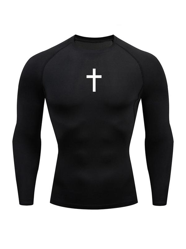 Men's Cross Print Round Neck Sports Tee, Tight Sporty Quick Drying Breathable Long Sleeve T-shirt, Men's Sportswear for Spring & Fall Gym Workout, Graphic Tees, Workout Clothes 0