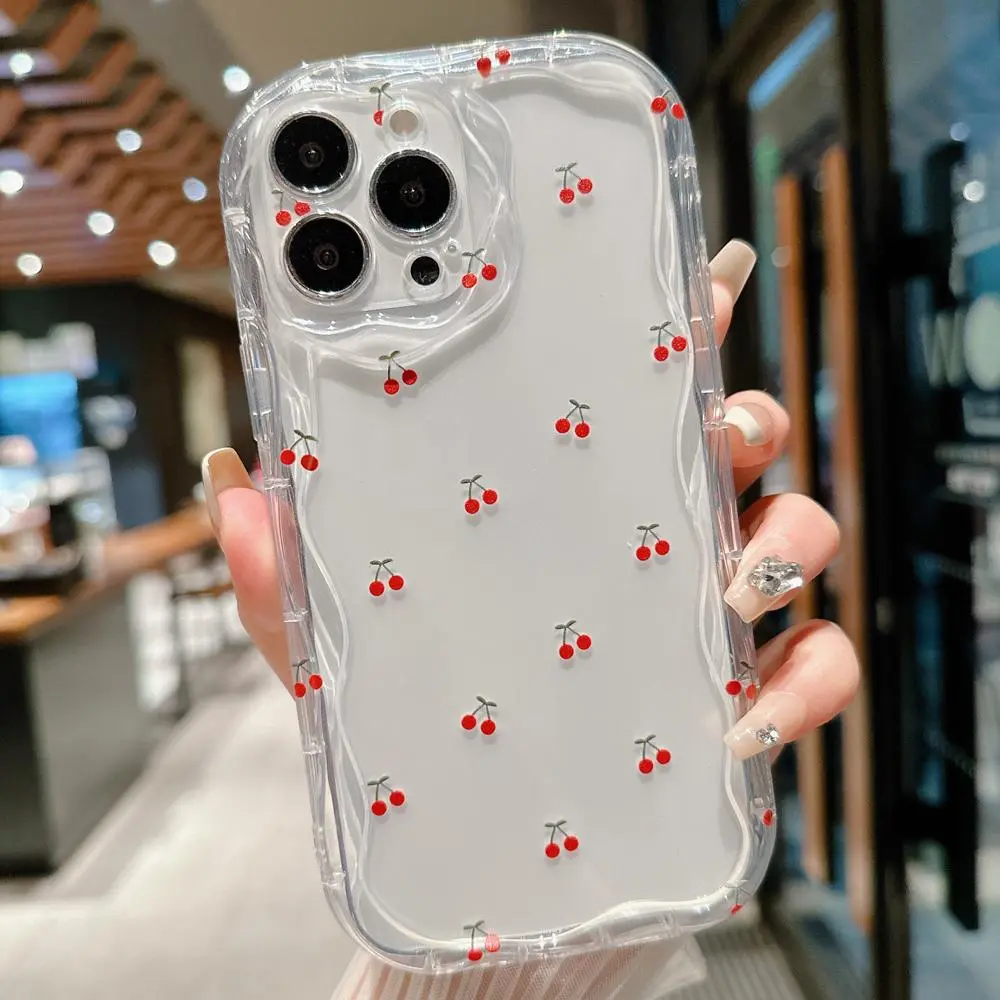 Cherry Pattern Wavy Edge Design Phone Case, Clear Decorative Phone Protector Cover, Holiday Essentials Gift, Kawaii Phone Case, Anti-fall Fully Edged Mobile Phone Case Compatible with iPhone 11 12 13 14 15 Pro Max 6 6S 7 8 Plus X XR XS Max