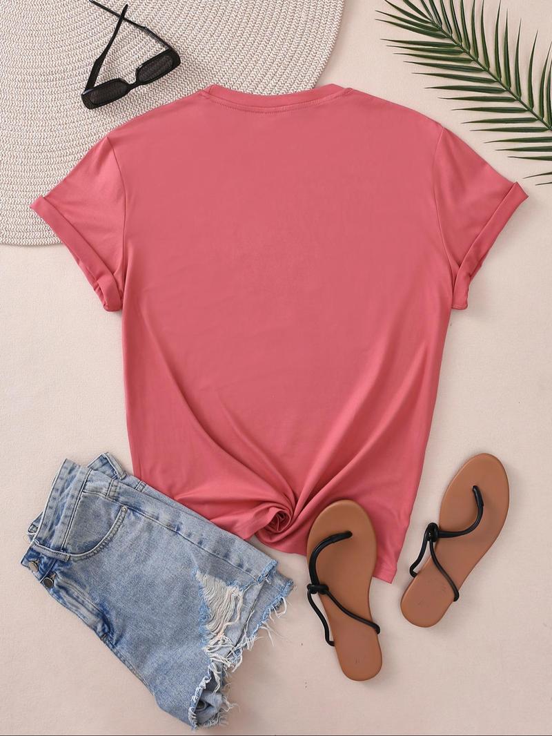 Product Introduction of Plus Size Letter Print Round Neck Tee, Casual Short Sleeve Crew Neck T-shirt for Summer, Women's Plus Clothing for Daily Wear 6