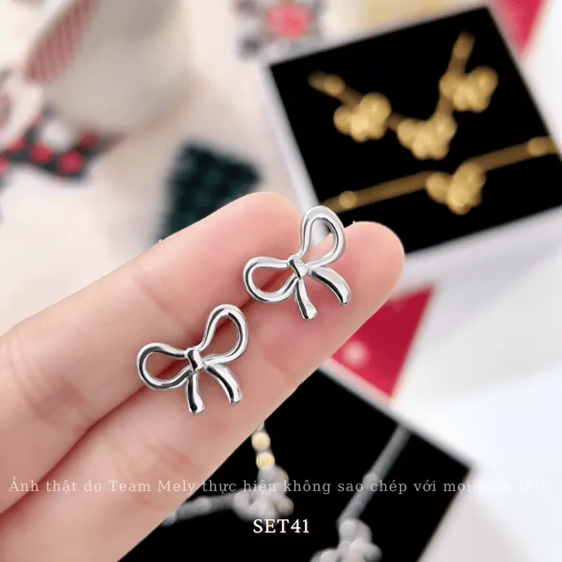 [KHÔNG ĐEN GỈ] Bộ Bông tai, Dây chuyền, Vòng tay Titan hình nơ dạng sợi mảnh thời trang Hàn Quốc - Mely TT100 6