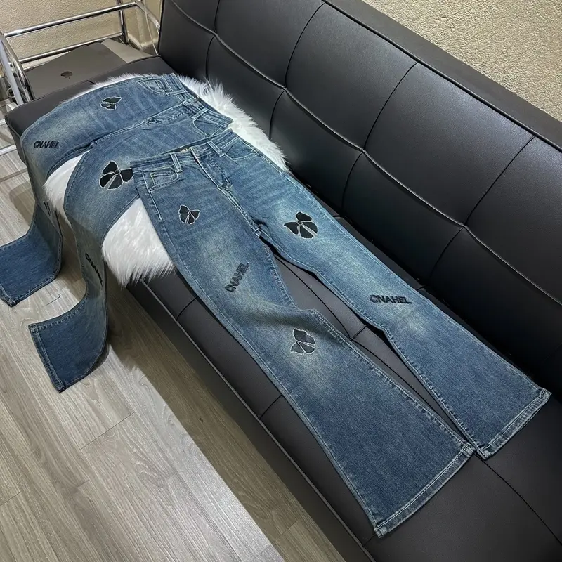 [N550 - Loe] Quần Jean Ống Loe thêu nơ đính đá chất vải QC mềm co giãn màu xanh rêu bụi dài 95cm 0