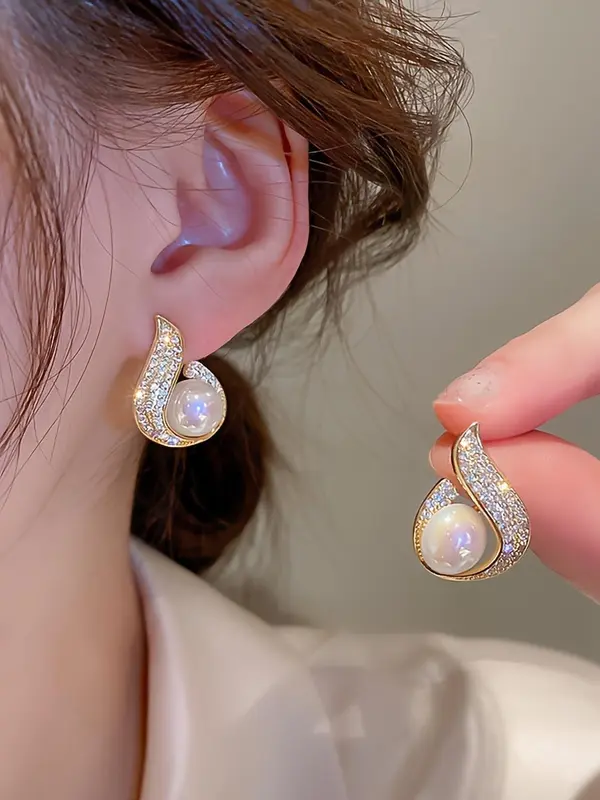 Faux Pearl & Rhinestone Design Dangle Earrings (1 Pair), Elegant Jewelry for Women & Girls, Trendy All-match & Exquisite Jewelry for Birthday Gift 0