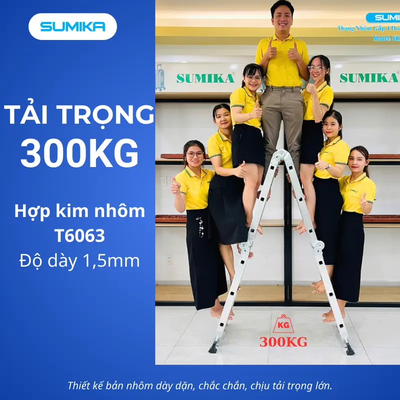 Thang nhôm gấp 4 đoạn SUMIKA SKM203, chữ A cao 1.7m, chữ I cao 3.4m, 14 tư thế sử dụng 1