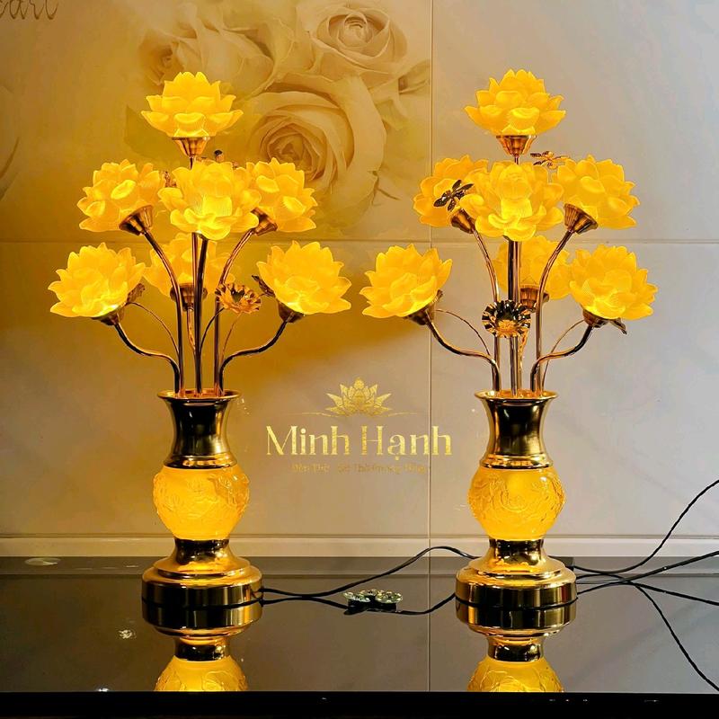 Đèn Thờ 7 Bông Hoa Sen Chân Đế Vàng Bầu Hoa Sen Nổi | Cao 65cm | Giá/1 Đôi | TẶNG 4 LED Dự Phòng | Minh Hạnh Chỉ Bán Hàng Loại 1 | Mã Bụng Ngọc 65
