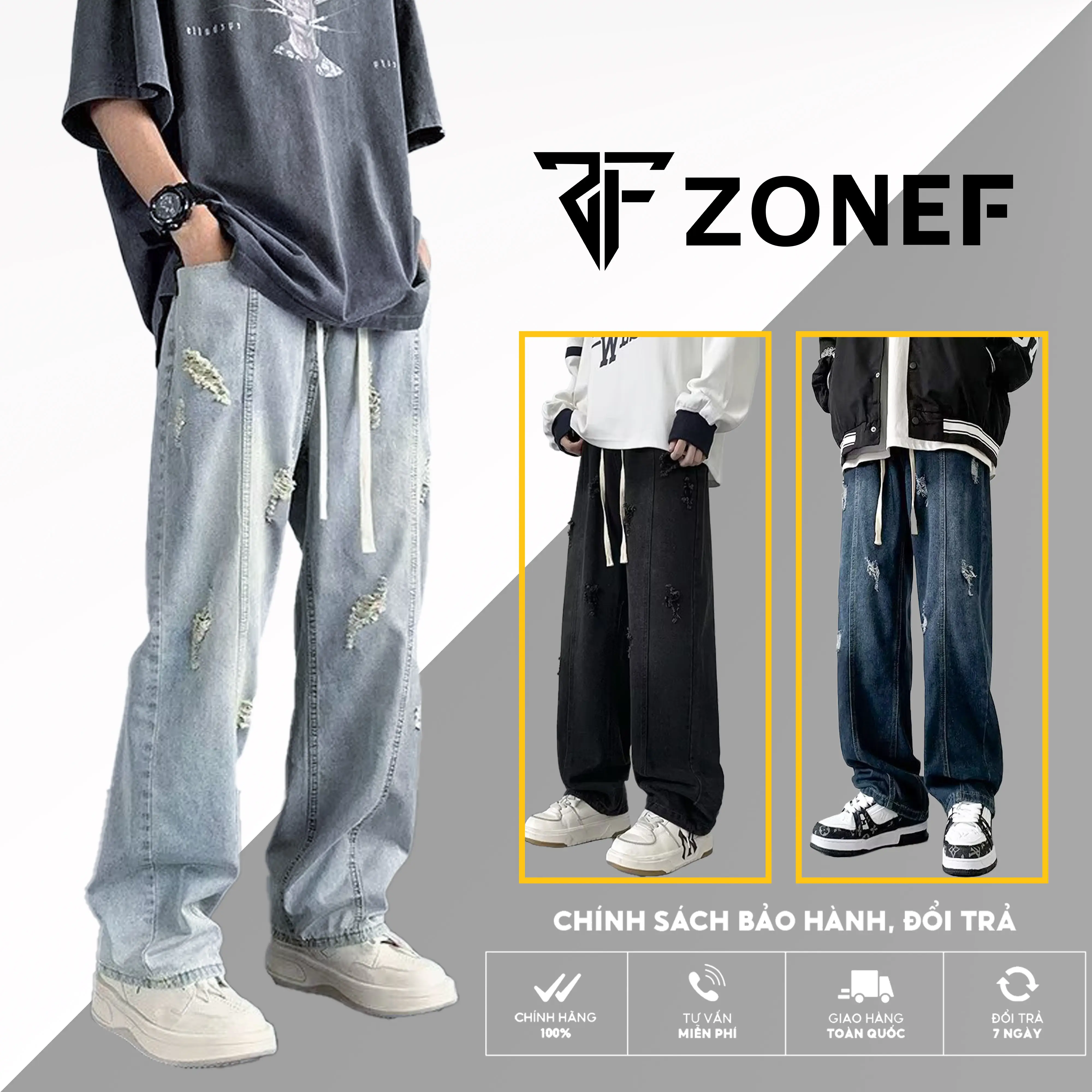 Quần Jean Cào Rách Ống Rộng  Đen , Dáng Suông, Cạp Chun Unisex Nam Ong Menswear Pants Có Túi